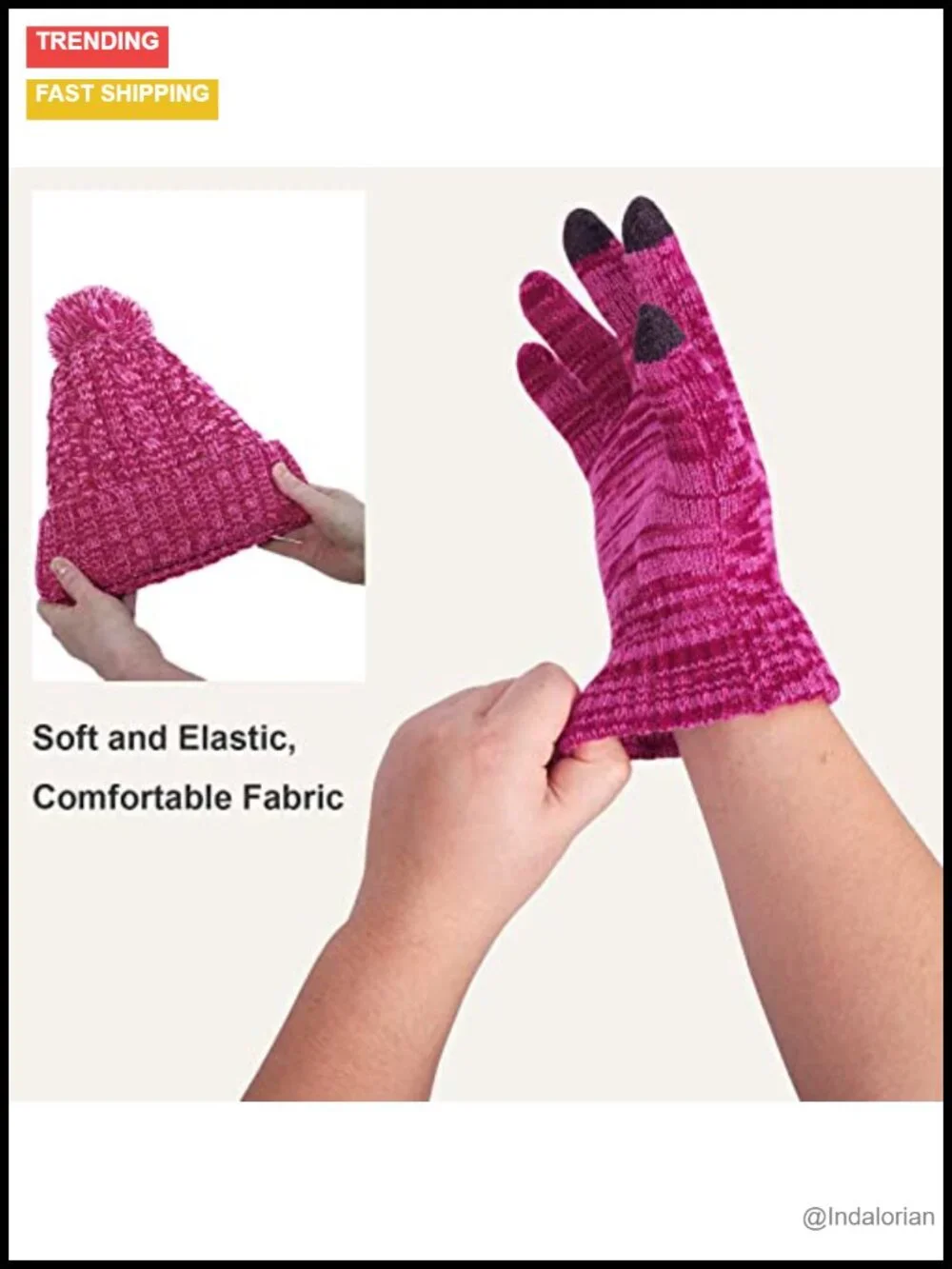 3 in 1 Knit Winter Hat Scarf Glove Set Touch Screen Fleece Lined Pom Pom Beanie